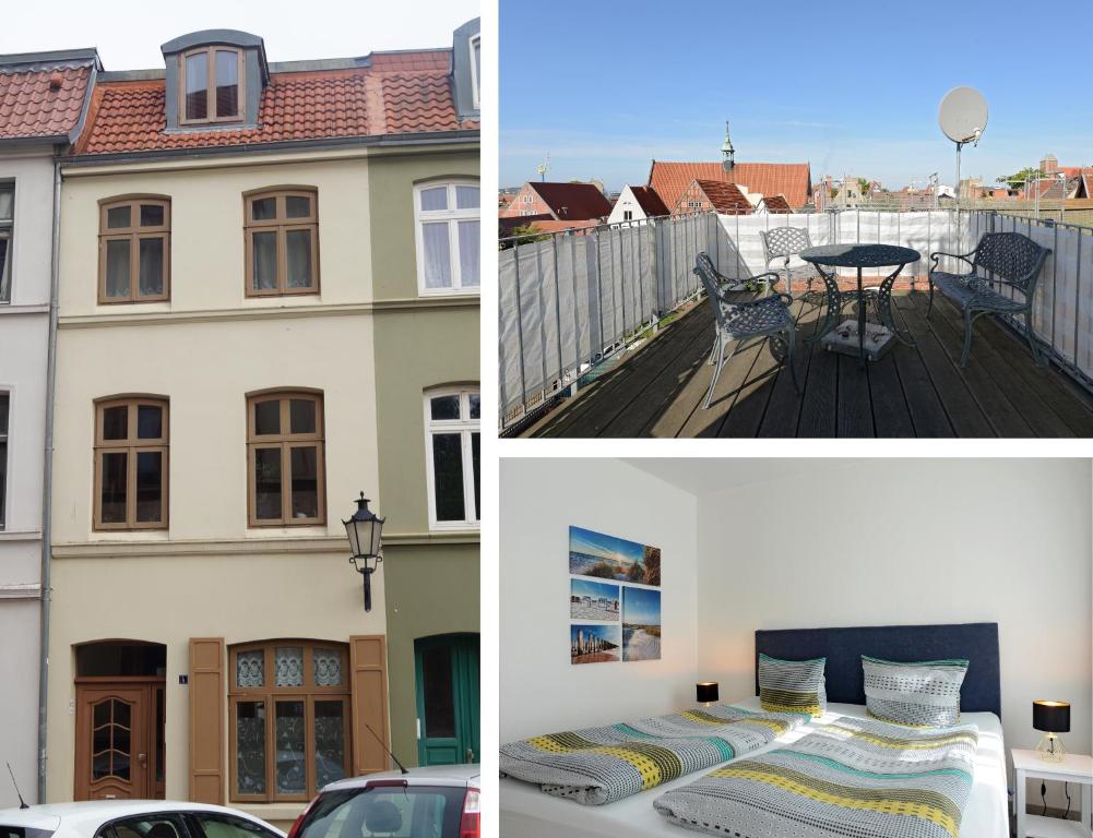 3 Bilder von einem Haus und einem Bett auf einem Deck in der Unterkunft Fürstenhof Apartment Wismar in Wismar