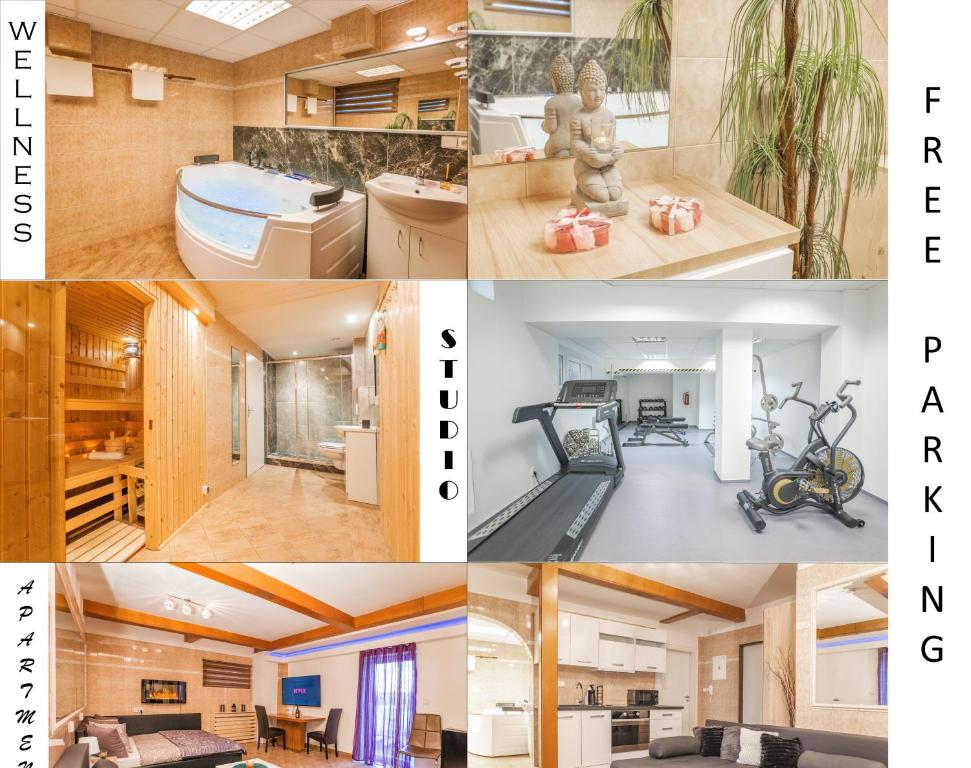 a collage of photos showing different rooms in a house at Wellness studio! Finnish sauna, Whirlpool, Gym & more! in Prague