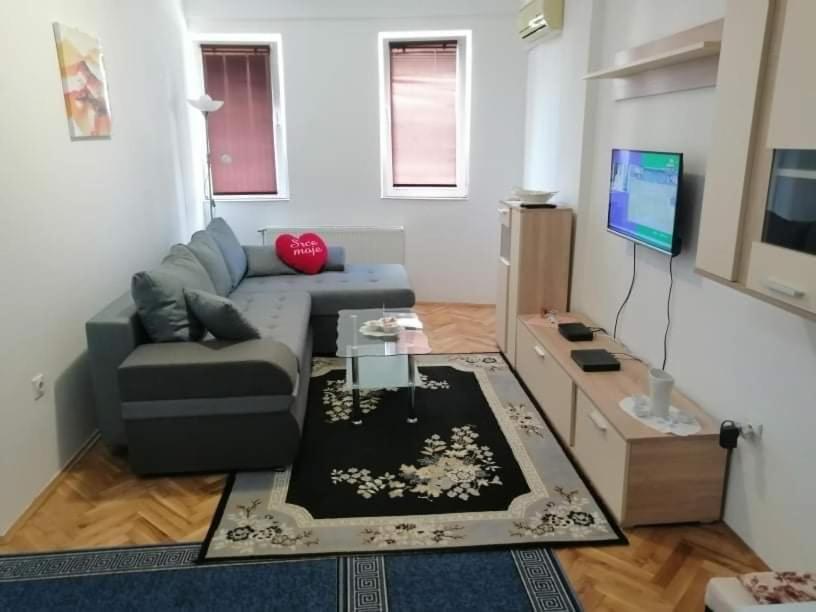 a living room with a couch and a tv at Dunja - Sajam in Novi Sad