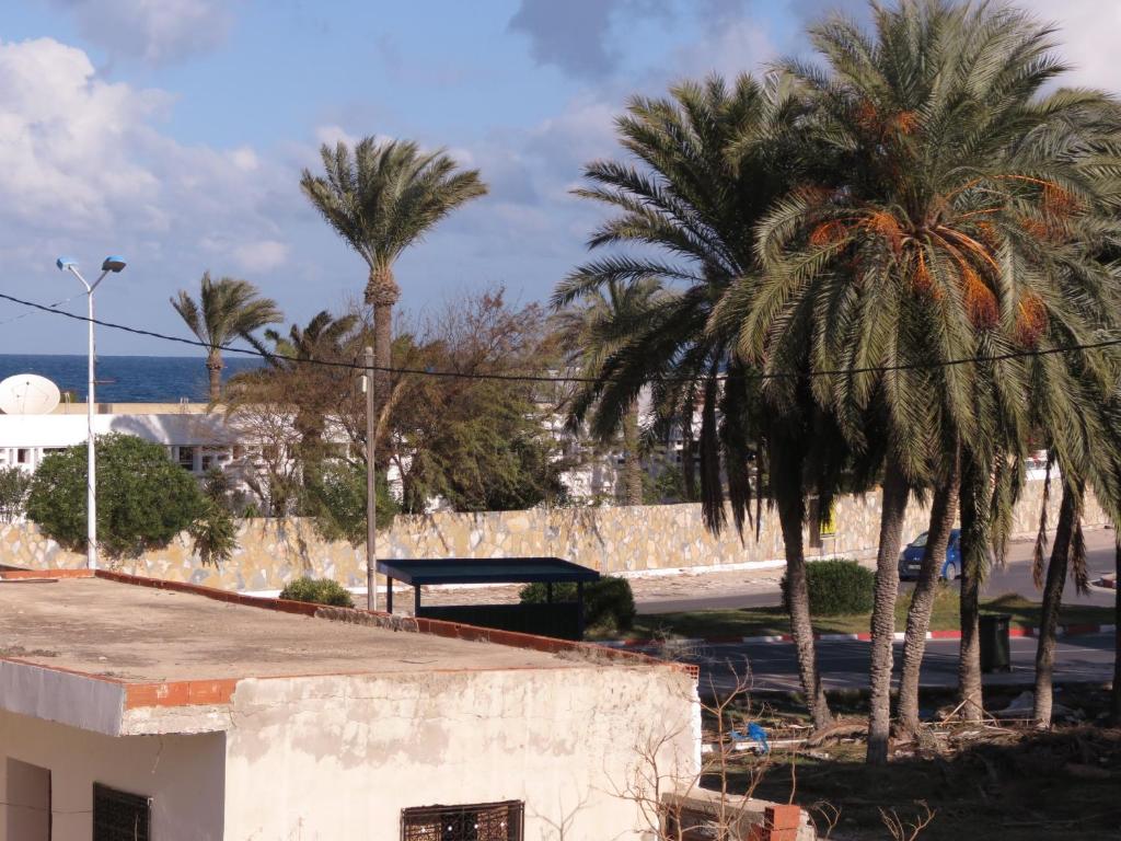 a group of palm trees next to a building at Beautiful appartment with a glorious sea view in Monastir
