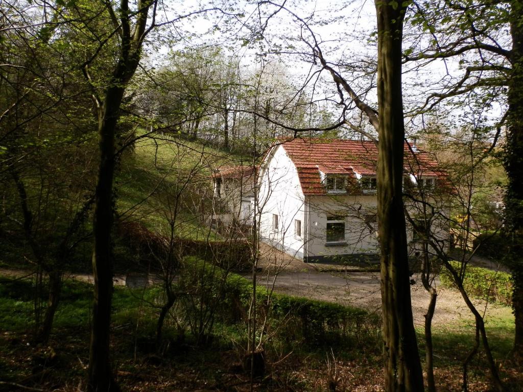 a white house with a red roof in the woods at D'R Pletsch in Berg en Terblijt