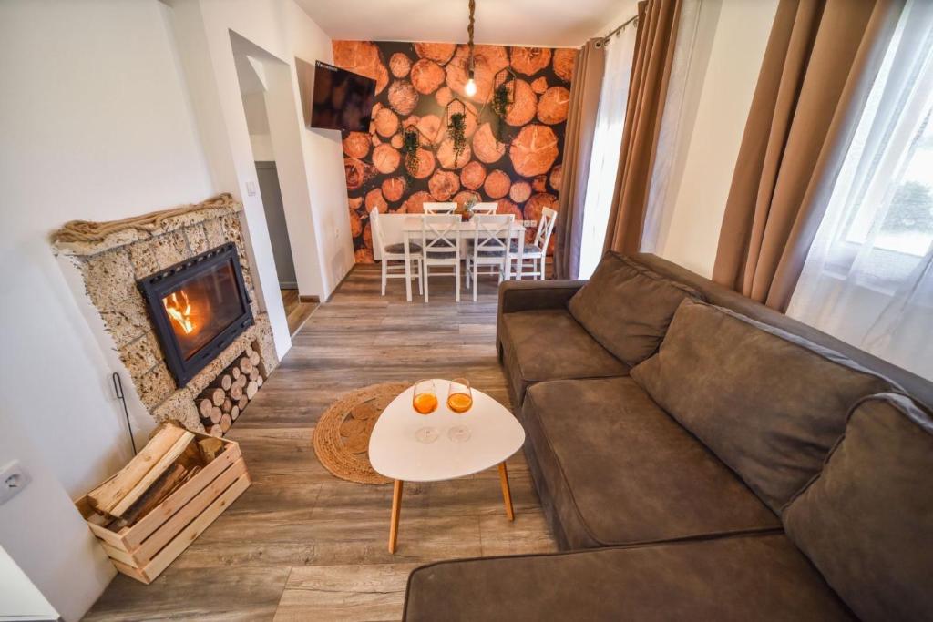 - un salon avec un canapé et une cheminée dans l'établissement Vila Čarna Vodice, à Zlatibor
