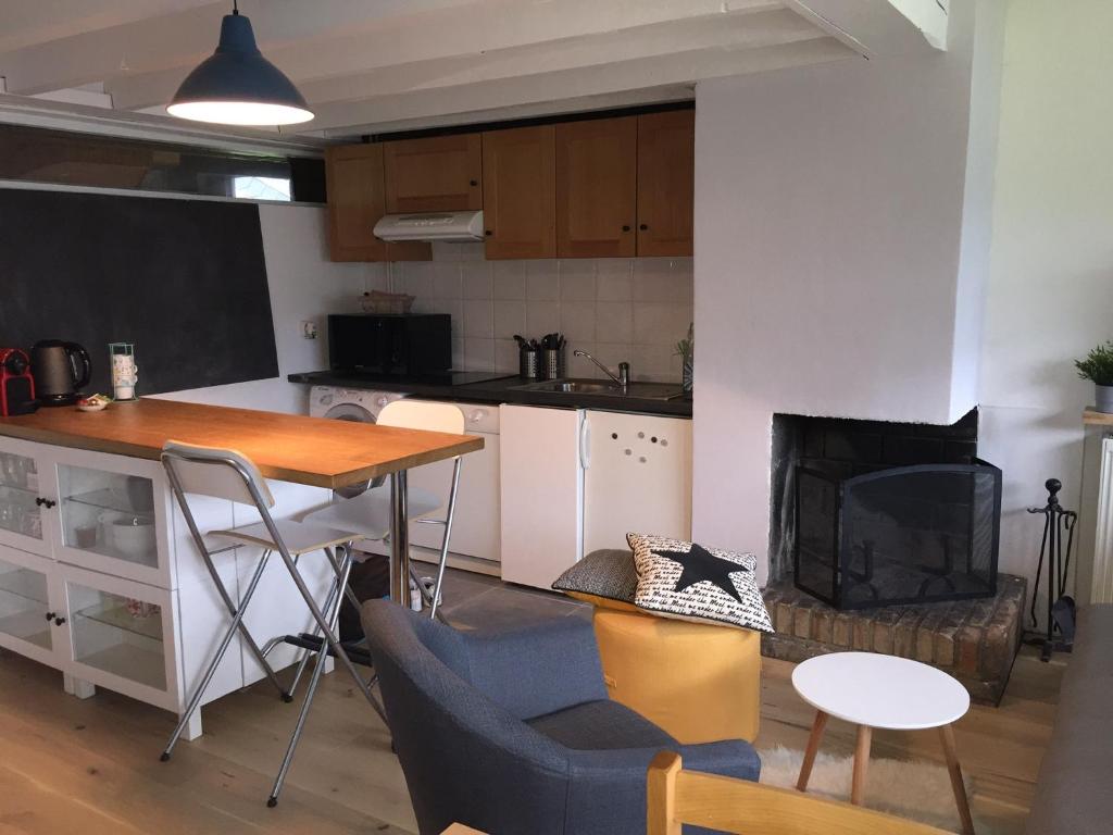 a kitchen and living room with a table and a fireplace at Gîte chaleureux au lac de Payolle in Campan