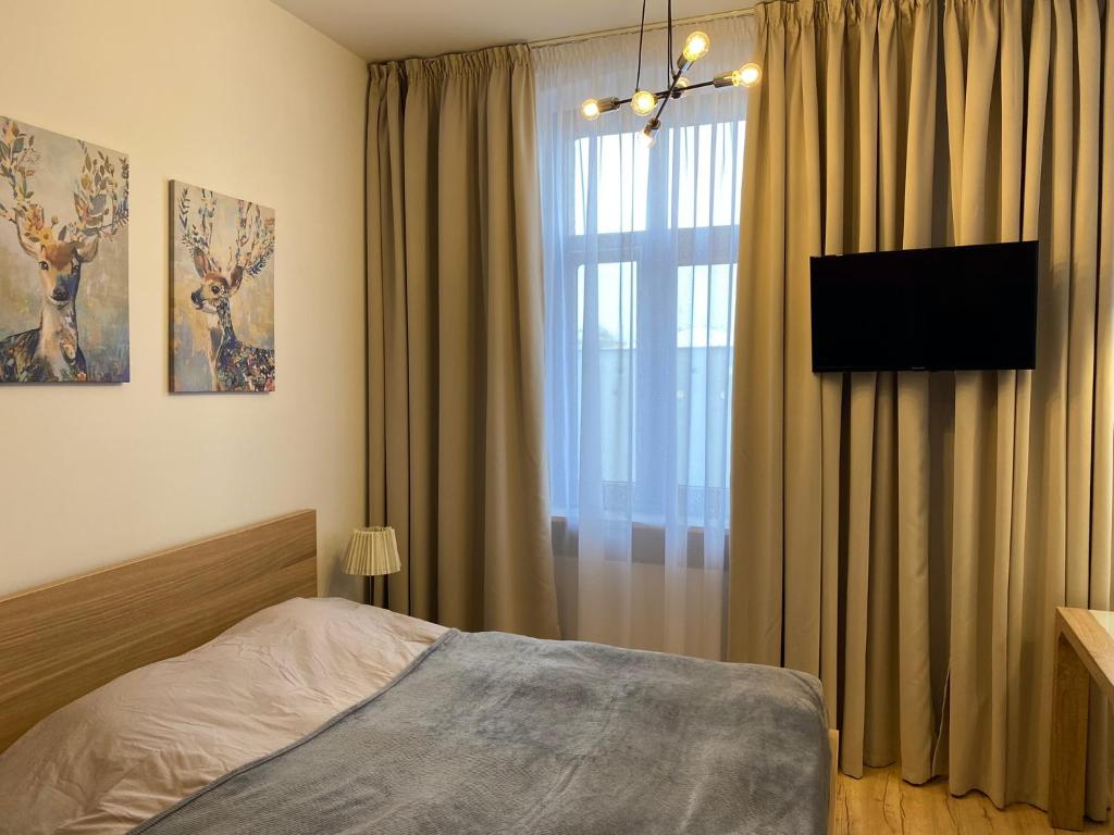 een slaapkamer met een bed en een raam met gordijnen bij Apartament w centrum in Kościerzyna