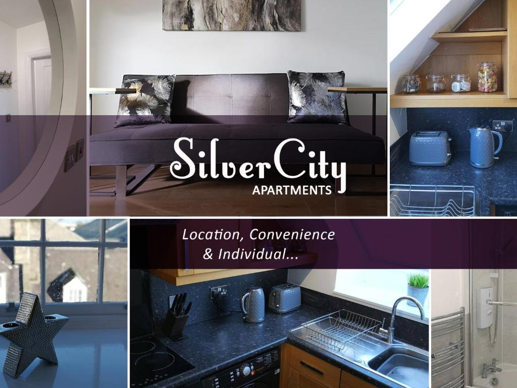 a collage of photos of a kitchen and a silver city apartment at Historic, City Centre Apartment in Aberdeen