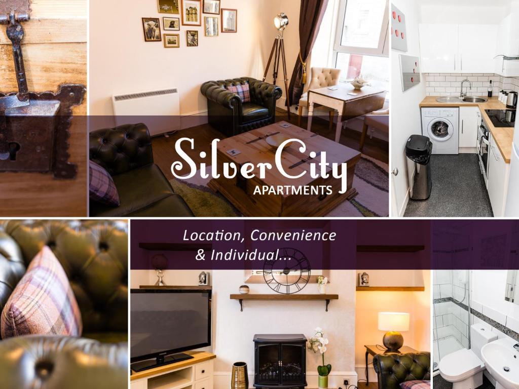 un collage de fotos de un apartamento de Silver City en Stylish 2 bedroom, city centre apartment, en Aberdeen