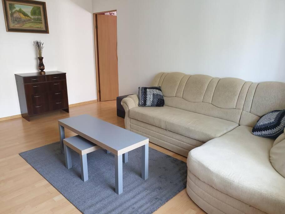 ein Wohnzimmer mit einem Sofa und einem Couchtisch in der Unterkunft Klaipėdos miesto centras in Klaipėda