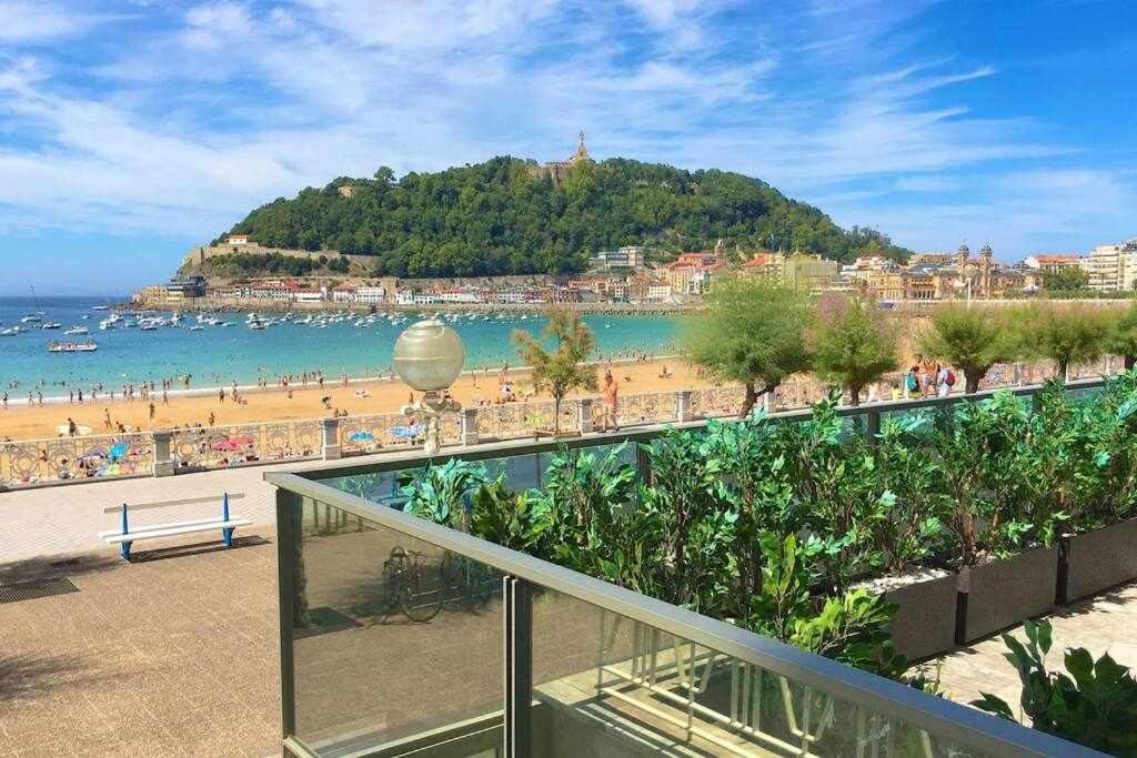 a view of a beach with a hill in the background at The best in San Sebastian in San Sebastián