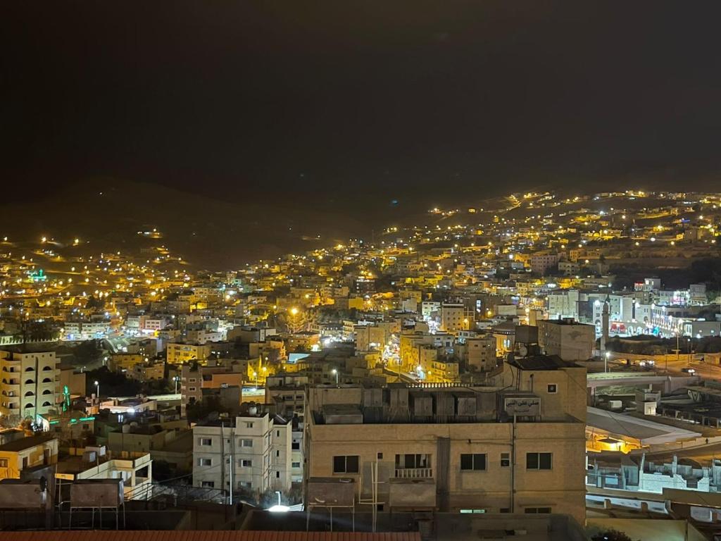 Blick auf die Stadt in der Nacht mit Lichtern in der Unterkunft Asad Apt. in Wadi Musa