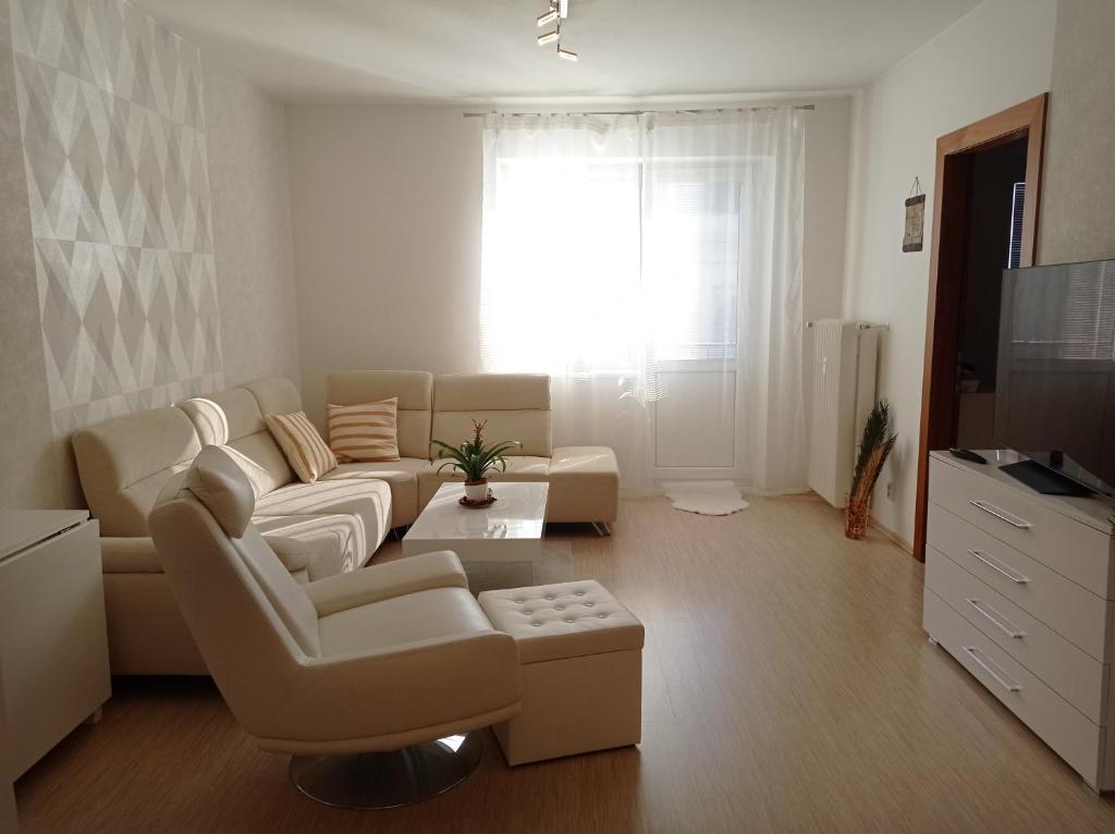 ein Wohnzimmer mit einem Sofa und einem TV in der Unterkunft Amazing flat in old town with large balcony in Bratislava