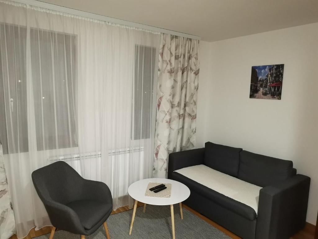 salon z kanapą, stołem i krzesłem w obiekcie Nina apartman w mieście Donje Mladice
