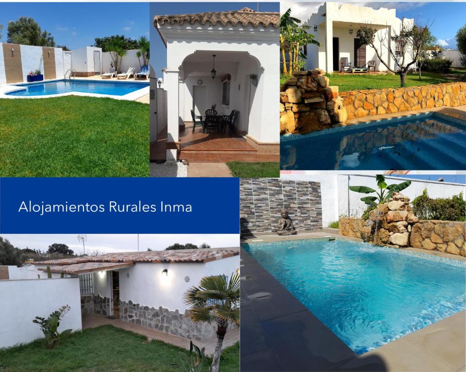 een collage van foto's van een huis en een zwembad bij Alojamientos Rurales Inma in Conil de la Frontera