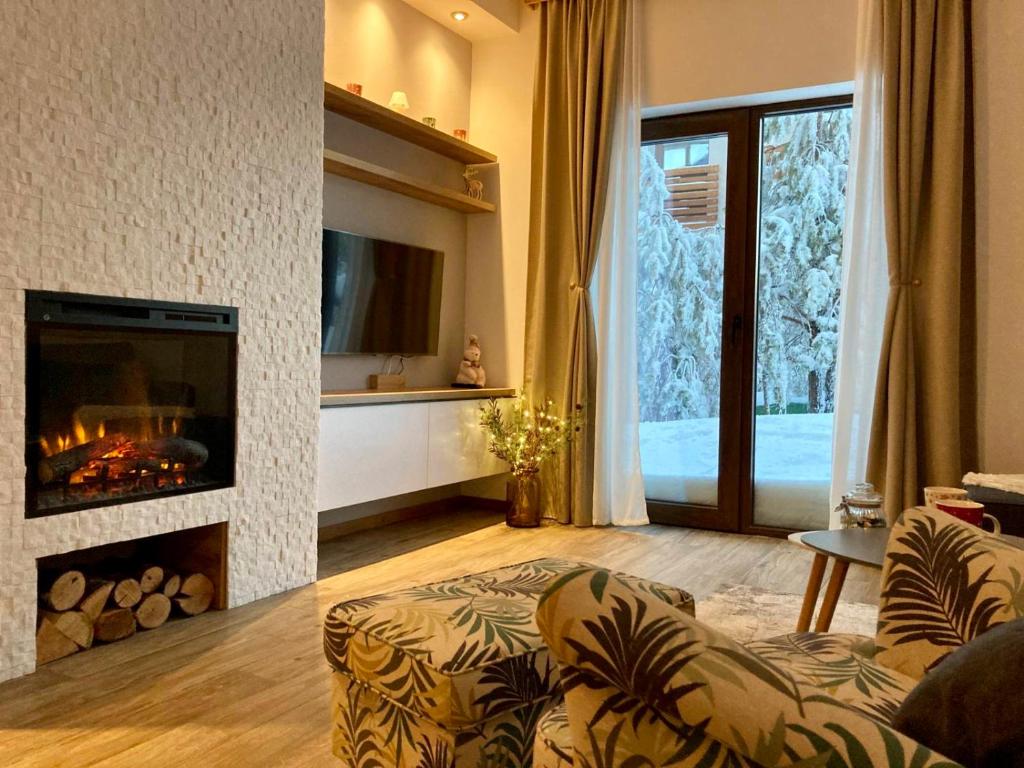 ein Wohnzimmer mit Kamin und Couch in der Unterkunft Apartman Pinewood Divcibare in Divčibare