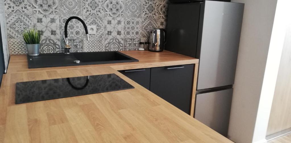 een keuken met een wastafel en een zwarte koelkast bij Rooms by Apartamenty Lubartowska Street in Lublin