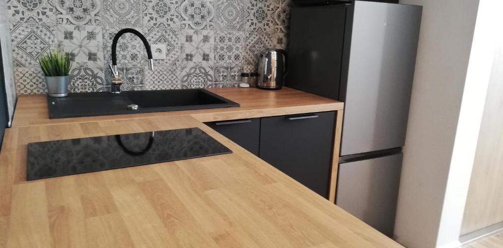 a kitchen with a sink and a black refrigerator at Rooms by Apartamenty Lubartowska Street in Lublin