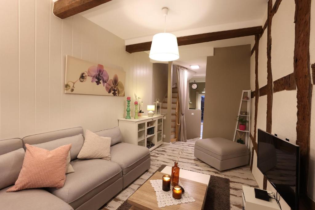 sala de estar con sofá y TV en Le cosy 40 - maison typique au centre de Malmedy en Malmedy