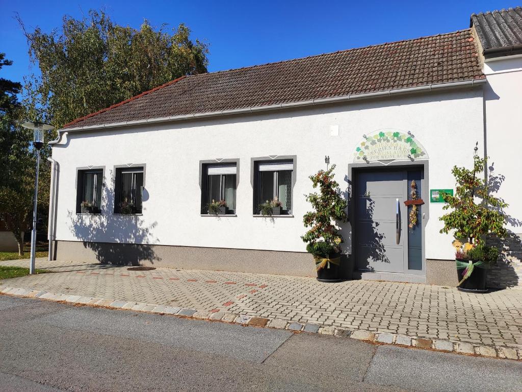 ein weißes Gebäude mit einer Tür auf einer Straße in der Unterkunft Zur Weinlaube in Mönchhof