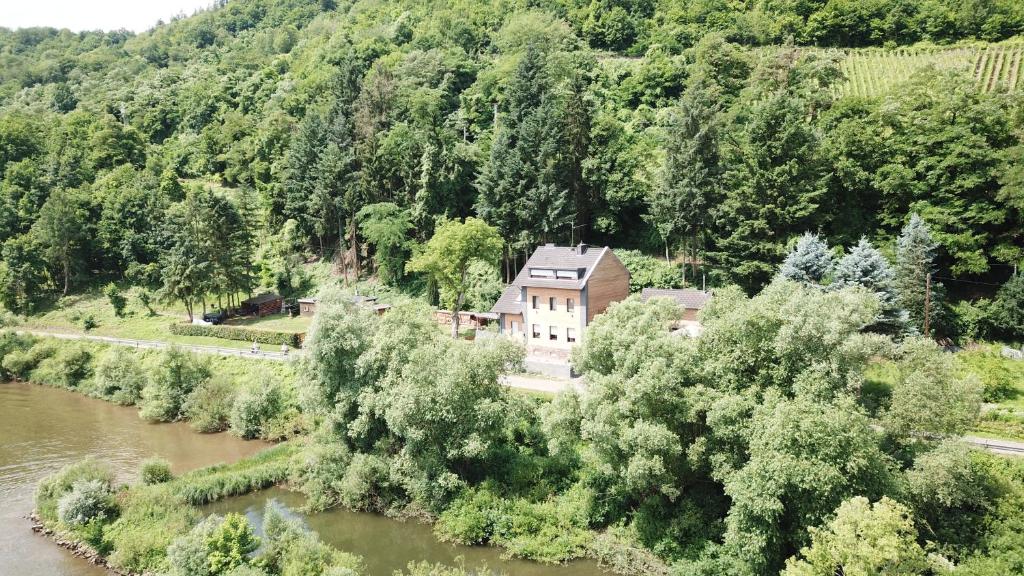 an aerial view of a house next to a river at B&B Villa Altero in Pünderich