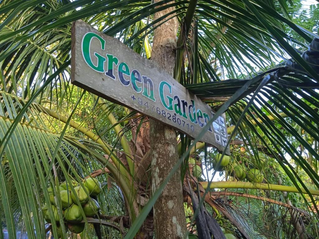 Green Garden Hiriketiya في ديكويلا تين: علامة الشارع أمام النخيل