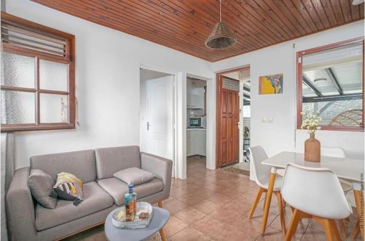 a living room with a couch and a table at Appartement Maëva, Idéal Couple, Jacuzzi in Quartier Monplaisir