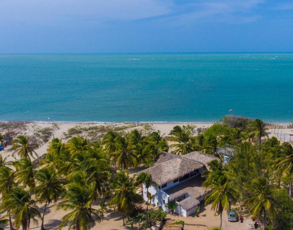eine Luftblick auf einen Strand mit Palmen in der Unterkunft Casa Camurupim in Barra Grande