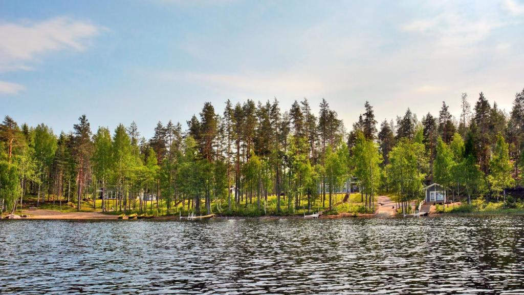 uma vista para um lago com árvores ao fundo em ONNI Village em Ruokolahti