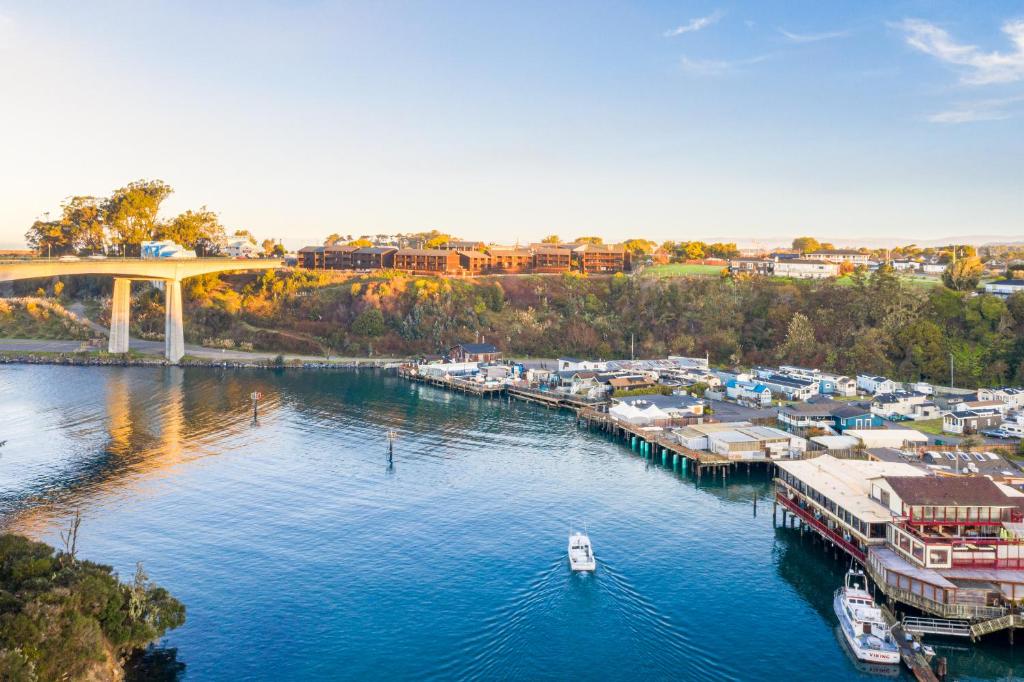 an aerial view of a harbor with boats in the water at Harbor Lite Lodge in Fort Bragg