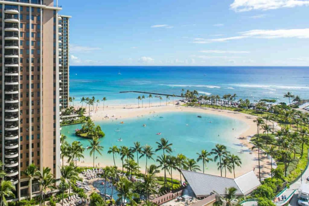 an aerial view of the beach and the ocean at Ilikai Tower 1538 Lagoon View 1BR in Honolulu