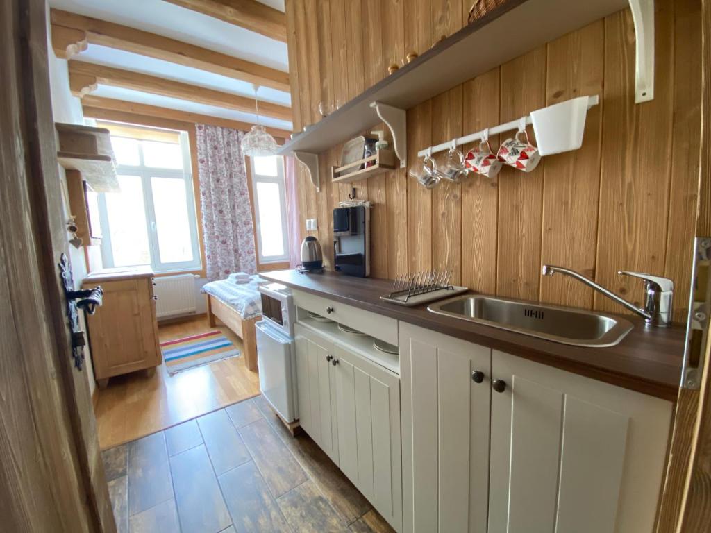 a kitchen with a sink and a counter top at Apartmany Moravienka in Vysoke Tatry - Tatranska Lomnica.