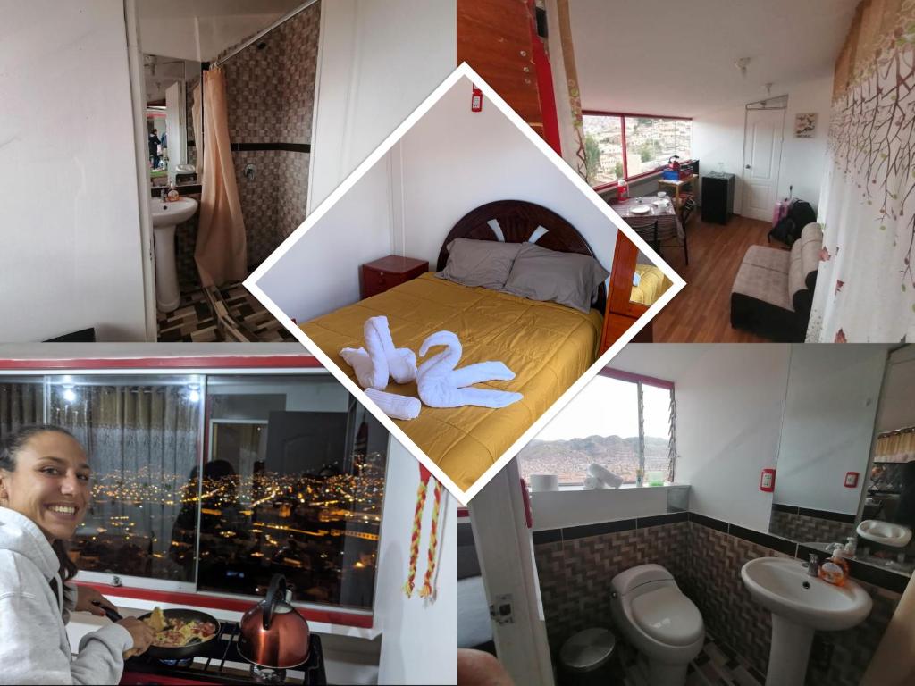 eine Collage mit drei Bildern eines kleinen Schlafzimmers in der Unterkunft Summit Viewpoint House San Blas in Cusco
