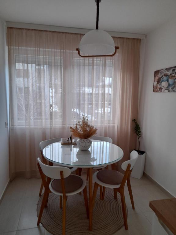 a table and chairs in a room with a window at Apartman 8 in Vrdnik