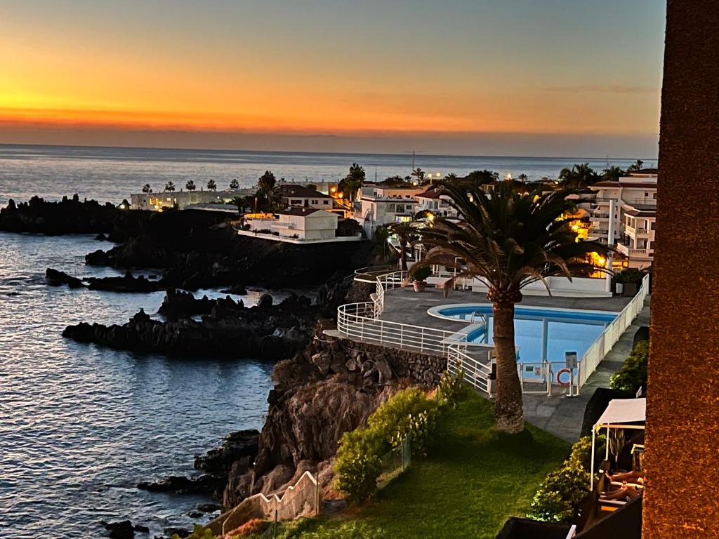 a view of the ocean from a resort with a palm tree at Costa Isora in Puerto de Santiago