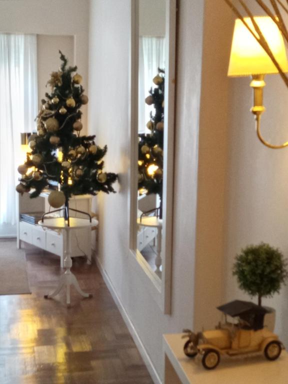 a living room with a christmas tree and a mirror at A & E Buenos Aires in Buenos Aires