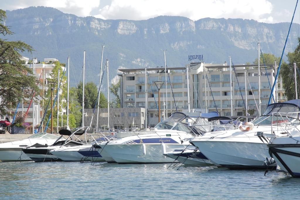 Un montón de barcos están atracados en el agua. en Hotel & Spa Marina d'Adelphia, en Aix-les-Bains