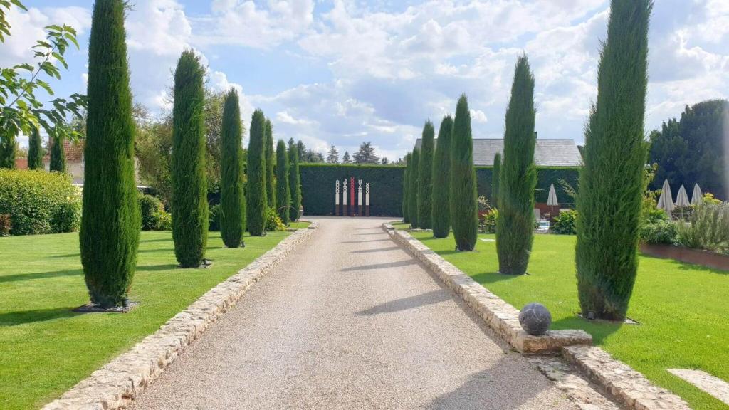 uma fileira de ciprestes num jardim com um edifício em Les Loges de Saint Eloi em Pontlevoy