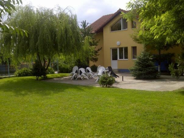 two chairs in a yard in front of a house at Pension Puiu in Dunavăţu de Jos