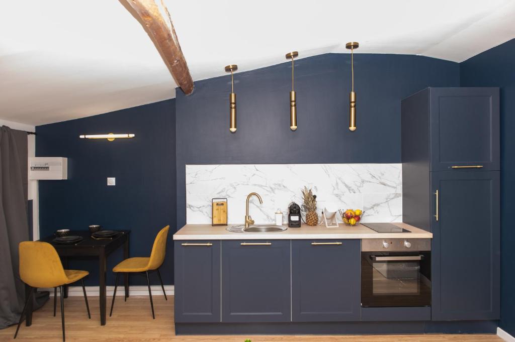 - une cuisine avec des murs bleus et un évier dans l'établissement Le Photographe Cosy Douai centre, à Douai