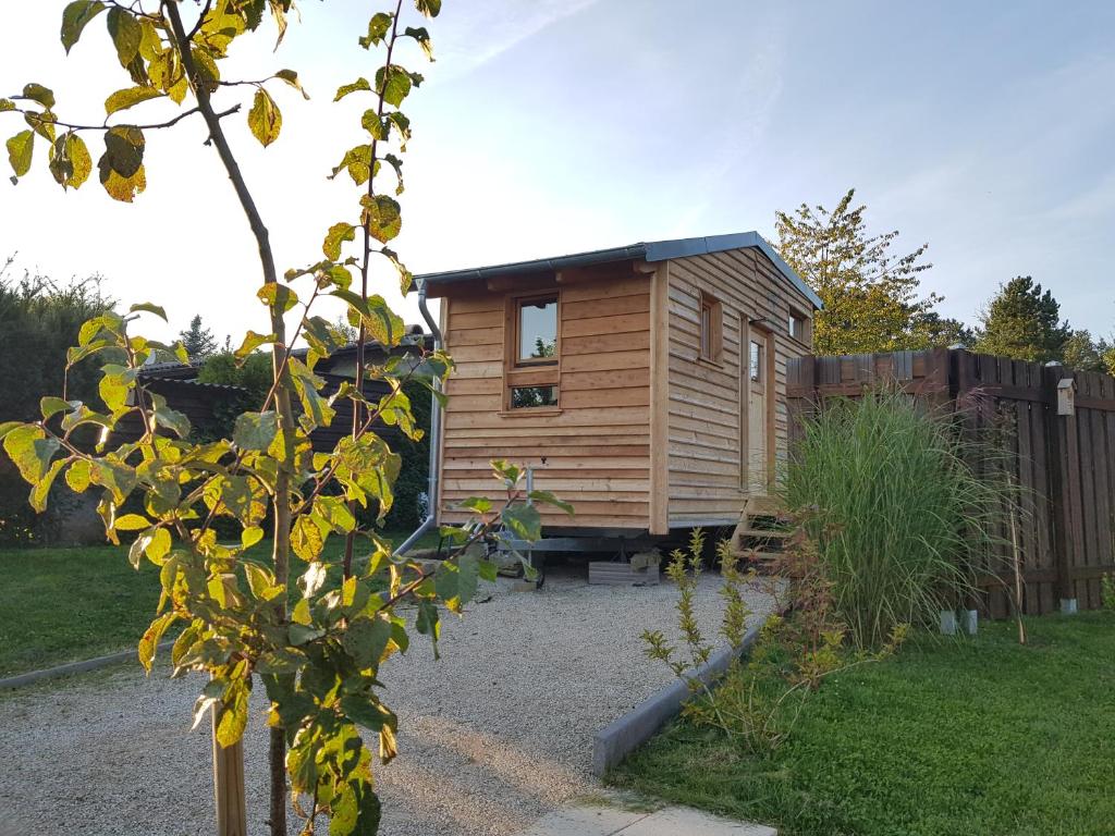 Cabaña de madera en un patio con valla en Zirbenholz Tiny House "Waldhauszeit" am See en Mücke