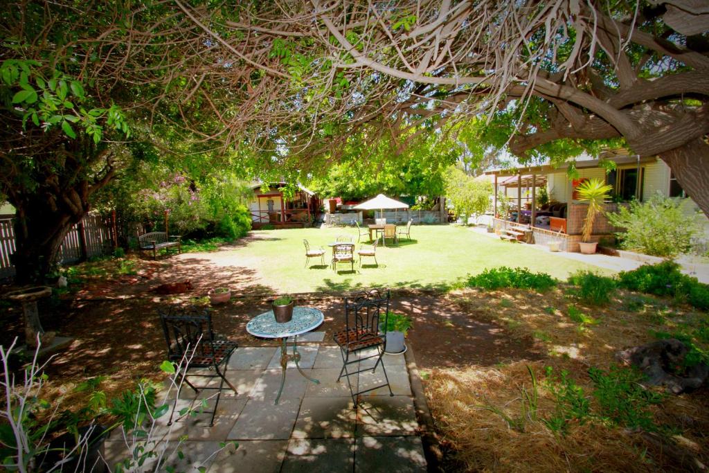 a patio with a table and chairs under a tree at Dongara Breeze Inn in Dongara