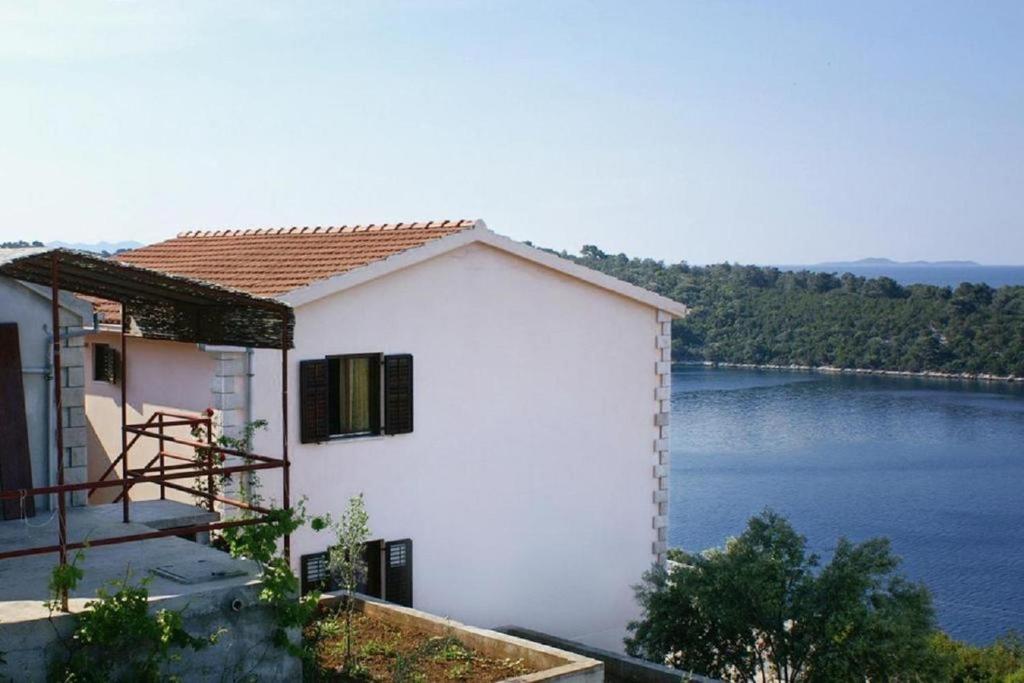 biały budynek z widokiem na jezioro w obiekcie Apartments Mari - amazing sea view w mieście Prižba