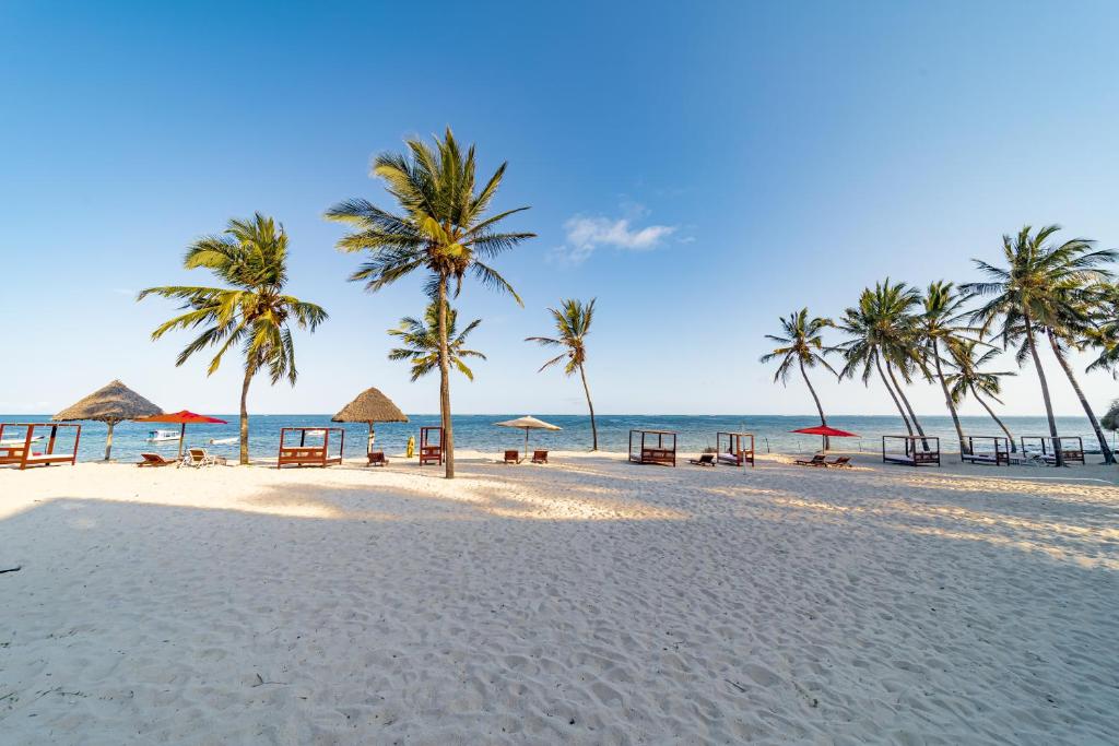 plaża z palmami i krzesłami oraz oceanem w obiekcie PrideInn Paradise Beach Resort & Spa Mombasa w mieście Mombasa