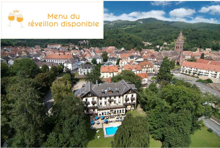 an aerial view of a town with a resort at Brit Hotel Grand Hotel Munster in Munster