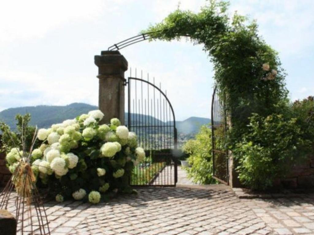 une porte avec un bouquet de fleurs blanches sur elle dans l'établissement Gîte Saint-Dié-des-Vosges, 2 pièces, 2 personnes - FR-1-589-209, à Saint-Dié-des-Vosges