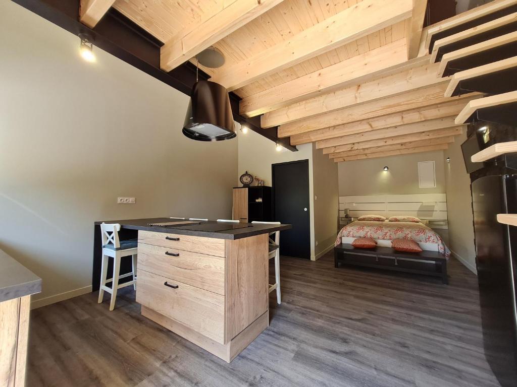 1 dormitorio con cama y techo de madera en Gîte Rochetrejoux, 1 pièce, 4 personnes - FR-1-426-478, 