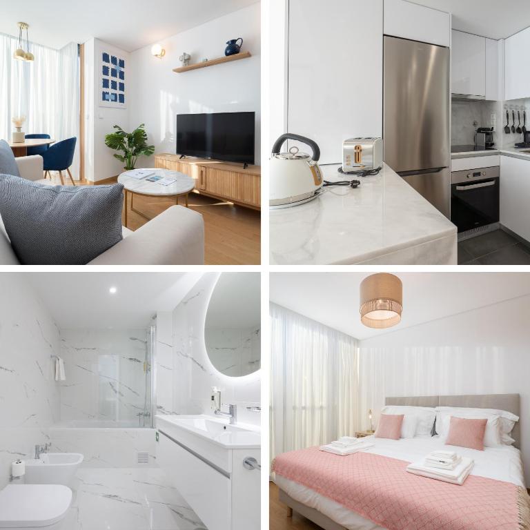 a collage of photos of a kitchen and a bedroom at Habitatio - Bom Sucesso by LuxiStay in Porto