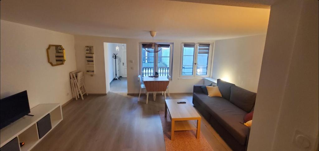 un salon avec un canapé et une table dans l'établissement 2 pièces terrasse plein coeur de Strasbourg, à Strasbourg