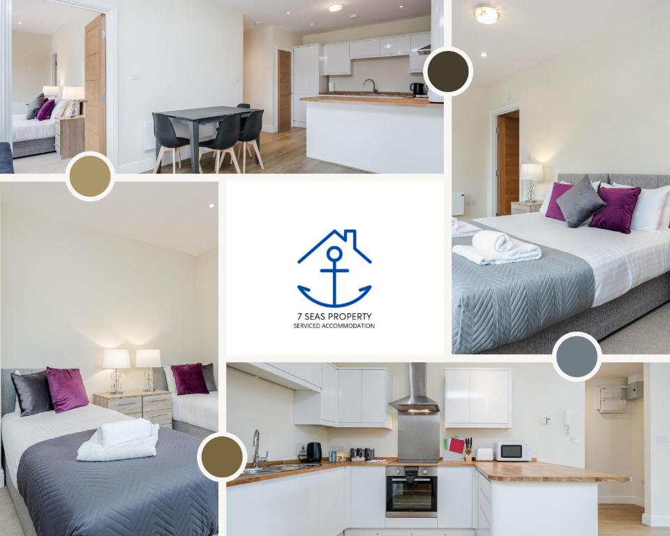 a collage of photos of a hotel room with two beds at Luxury 2 Bed Apartment by 7 Seas Property Serviced Accommodation Maidenhead with Parking and Wifi in Maidenhead