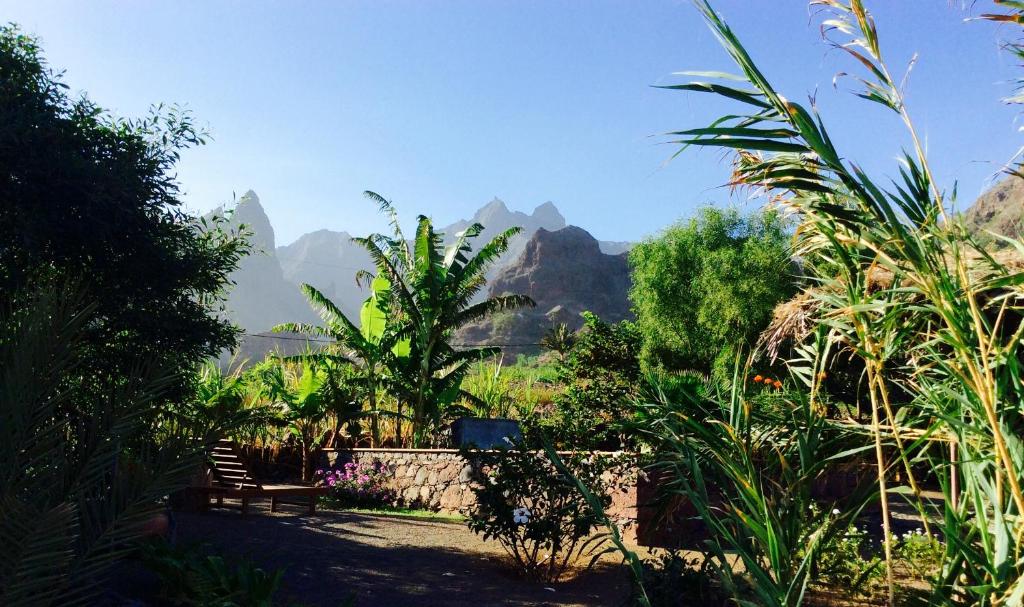 a garden with a view of mountains in the background at Ecolodge Kasa D'Igreja in Chã da Igreja