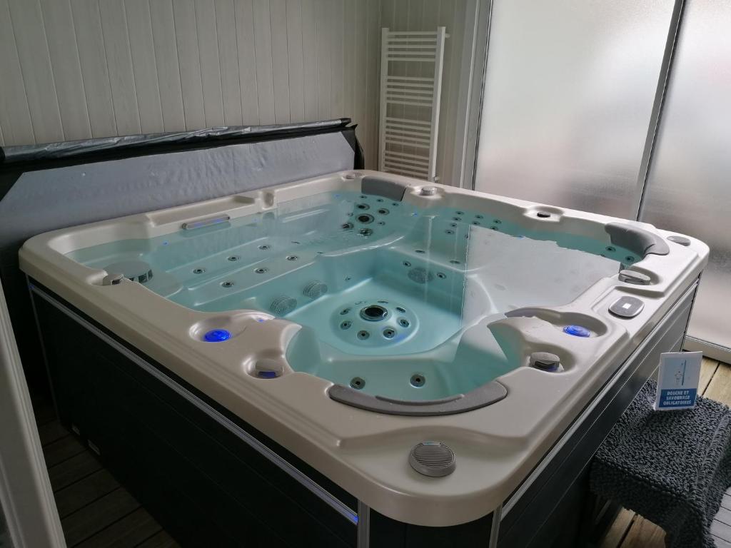 eine Whirlpool-Badewanne in der Mitte eines Zimmers in der Unterkunft Gîte de Brunemont in Diéval