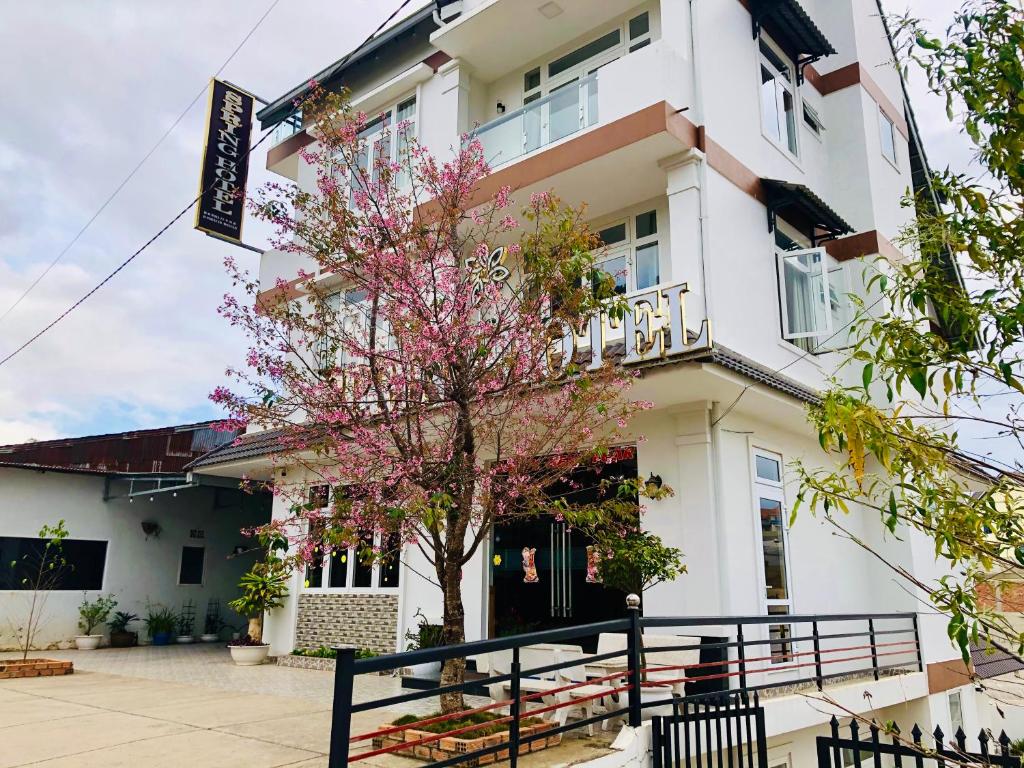 een gebouw met een boom ervoor bij Spring Hotel in Da Lat